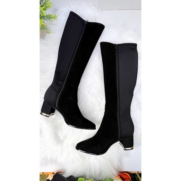 NIB Calvin Klein Womens Freeda Tall Suede Neoprene stretch Boots, BLACK … - Picture 2 of 16